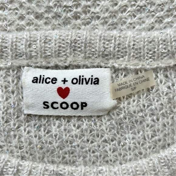 Alice + Olivia Scoop Light Grey Silver Sequin Open Knit Mohair Wool Sweater S - Picture 6 of 7